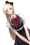  1girl bangs blonde_hair blue_eyes bow braid chan1moon commentary_request danganronpa dress eyebrows_visible_through_hair french_braid hair_bow long_hair looking_at_viewer red_ribbon ribbon short_sleeves simple_background smile solo sonia_nevermind super_danganronpa_2 very_long_hair white_background 