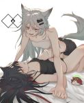 2girls :d animal_ears arknights bandeau bangs bare_arms bare_shoulders barefoot bed_sheet black_hair black_panties black_shorts breasts brown_eyes camisole cleavage commentary exusiai_(arknights) eyebrows_visible_through_hair fang grey_eyes hair_ornament hairclip highres holding_hands kneeling lappland_(arknights) long_hair looking_at_viewer lying medium_breasts midriff multicolored_hair multiple_girls on_back open_mouth panties parted_lips r_dancer red_hair scar scar_across_eye short_shorts shorts silver_hair simple_background smile spaghetti_strap strapless tail texas_(arknights) thighs tubetop underwear white_background wolf_ears wolf_tail yuri 