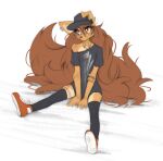 2025 5_fingers anthro apogee_(tinygaypirate) arm_tattoo brown_eyes brown_hair brown_tail canid canine canis clothed clothed_anthro clothed_female clothing countershade_torso countershading digital_media_(artwork) domestic_dog ear_piercing female fingers footwear front_view fully_clothed fully_clothed_anthro fully_clothed_female fur gauged_ear hair hat headgear headwear hi_res jewelry leg_tattoo legwear long_hair long_tail looking_aside mammal neck_tattoo necklace one_ear_up piercing shirt shoes simple_background sitting solo t-shirt tail tan_body tan_fur tattoo thigh_highs thigh_tattoo tinygaypirate topwear white_background