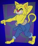 2024 anthro artist_name blonde_hair blue_clothing blue_coveralls clothed clothing coveralls dancing digital_media_(artwork) domestic_cat eyes_closed fangs felid feline felis fur gavanzude gesture hair hand_behind_head hand_behind_own_head hand_gesture hi_res male mammal nintendo pointing pose red_nose sharp_teeth smile solo spitz_(warioware) tail teeth text three-quarter_view topless warioware yellow_body yellow_ears yellow_fur yellow_tail