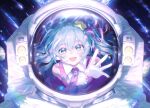  1girl absurdres aqua_eyes aqua_hair astronaut commentary_request dress earth_(planet) future_eve_(vocaloid) gloves hair_ornament hamuna_(hamuna_86) hatsune_miku helmet highres leaning_forward long_hair looking_at_viewer magical_mirai_(vocaloid) magical_mirai_miku magical_mirai_miku_(2022) microphone necktie open_mouth outdoors pink_dress pink_necktie planet reaching reaching_towards_viewer reflection shooting_star smile solo space_helmet star_(symbol) star_hair_ornament two-tone_dress upper_body vocaloid white_dress white_gloves 