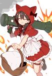  1girl ^_^ animal_ear_hood animal_ears apron basket blush braid brown_hair brown_shoes capelet cat_(nyanko_daisensou) cat_ears closed_eyes dress ebora english_commentary facing_viewer heart highres holding holding_basket hood hooded_capelet m1_bazooka medium_hair minya_(nyanko_daisensou) nyanko_daisensou open_mouth rocket_launcher running shoes sleeveless sleeveless_dress smile socks solo thigh_strap twin_braids weapon white_socks 
