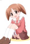  1girl absurdres azumanga_daioh blush_stickers brown_eyes brown_hair brown_shoes cynical_(llcbluckg_c004) dot_nose highres knees_up loafers looking_at_viewer mihama_chiyo open_mouth pink_shirt pleated_skirt sailor_collar school_uniform shirt shoes sitting skirt socks solo twintails white_sailor_collar white_socks 