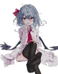  1girl ascot bat_wings black_thighhighs blue_hair blush claws collared_dress commentary dress fangs feet hair_between_eyes hair_ribbon hand_on_own_knee hand_up hashtag-only_commentary long_sleeves looking_at_viewer no_headwear no_shoes open_mouth pink_ascot pink_ribbon puffy_long_sleeves puffy_sleeves red_eyes remilia_scarlet ribbon short_hair simple_background sitting solo thighhighs touhou tume_ama white_background white_dress wings 
