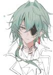  1boy anaxa_(honkai:_star_rail) aqua_hair azero_a0 blue_eyes closed_mouth earrings eyepatch highres honkai:_star_rail honkai_(series) jacket jewelry looking_at_viewer male_focus medium_hair one_eye_covered side_ponytail simple_background single_earring solo white_background 