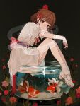  1girl absurdres alternate_costume arm_on_knee black_background bob_cut bow brown_eyes brown_hair dress fish fish_tank flower from_side full_body goldfish hair_bow hair_flower hair_ornament highres ill_(no0408_bv) knees_to_chest looking_at_viewer mary_janes puffy_short_sleeves puffy_sleeves red_bow reverse:1999 satsuki_(reverse:1999) shoes short_dress short_hair short_sleeves sitting smile socks solo water white_dress white_shoes white_socks 