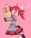  1girl ^_^ ahoge bag baguette black_boots blush boots bread closed_eyes drill_hair food hair_ribbon highres holding hugging_object jacket kasane_teto kasane_teto_(sv) long_sleeves multicolored_hair musical_note open_mouth outline paper_bag pink_background red_hair ribbon simple_background skirt solo synthesizer_v twin_drills twintails utau white_hair white_outline white_ribbon yachima_tana 