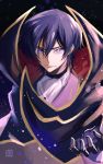  1boy black_cape black_gloves blue_eyes blue_hair cape closed_mouth code_geass frown gloves hair_between_eyes highres kubird_meme lelouch_lamperouge male_focus shiny shiny_hair solo upper_body 