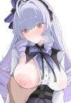  1girl absurdres ahoge blush bow breasts covered_nipples drill_hair grabbing_another&#039;s_breast groping hair_bow haruka0814 heavy_breathing highres large_breasts long_hair looking_to_the_side mole mole_under_eye nose_blush one_breast_out pov pov_hands purple_hair red_eyes see-through_clothes see-through_shirt shirt simple_background sweat twin_drills vivian_banshee white_background zenless_zone_zero 