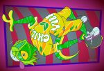 abstract_background alternate_version_at_paywall anthro backflip blue_stripes casual_clothing chameleon clothing digital_drawing_(artwork) digital_media_(artwork) epic_games fortnite gavanzude gesture green_body green_skin half-closed_eyes hat headgear headwear hi_res lizard male narrowed_eyes reptile scalie signature skateboard skateboard_trick skateboarding solo stripes upside_down vehicle waving yellow_eyes ziggy_(fortnite)