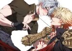  2boys antenna_hair bare_pectorals bboo_hoyo black_choker black_coat black_pants black_shirt blonde_hair blue_eyes braid chest_tattoo choker clawed_gauntlets coat collarbone earrings flustered from_side gold_earrings gold_necklace gradient_hair hair_between_eyes hashtag-only_commentary highres honkai:_star_rail honkai_(series) jewelry leash leash_pull looking_at_another male_focus medium_hair multicolored_hair multiple_boys mydei_(honkai:_star_rail) necklace open_clothes open_coat pants pectorals phainon_(honkai:_star_rail) profile red_hair red_tattoo shirt short_hair short_sleeves side_braid simple_background tattoo toned toned_male white_background white_hair yaoi yellow_eyes 