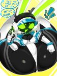 anthro armor big_butt blush breasts butt cleavage clothed clothing electronics english_text exclamation_point eyebrows female flexible gesture goatboydraws green_blush green_eyebrows green_eyes green_inner_ear green_mouth hand_gesture headgear headphones headset helmet hi_res huge_butt jumpsuit lagomorph legs_behind_head legs_up leporid long_ears lying machine mammal on_back pointing pointing_at_viewer project_turboblast rabbit robot screen screen_face sitting solo speech_bubble talking_to_viewer tempo_(project_turboblast) text tight_clothing white_ears