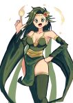  1girl :d bare_shoulders breasts cleavage collarbone detached_sleeves dress earrings final_fantasy final_fantasy_iv fire green_dress green_eyes green_hair green_thighhighs hand_on_own_hip highres index_finger_raised jewelry long_hair long_sleeves looking_at_viewer open_mouth pelvic_curtain pyrokinesis rydia_(adult)_(ff4) rydia_(ff4) smile solo star_(symbol) star_earrings thighhighs tikuwabu_33 white_background wide_sleeves 