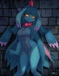  1girl arm_at_side arm_behind_back artist_name bead_necklace beads blue_cloak blue_hair blue_skin blunt_bangs blush breasts brick_wall cloak closed_mouth colored_sclera colored_skin colored_tips commentary covered_nipples dress english_commentary fang flutter_mane grey_dress half-closed_eyes happy head_wings highres holding_own_arm jewelry long_hair looking_at_viewer medium_breasts monster_girl multicolored_hair necklace no_panties patreon_logo patreon_username pelvic_curtain personification pokemon pokemon_(creature) purple_hair red_sclera rilex_lenov short_dress sideboob sidelocks skin_fang smile solo standing stitches thighs two-tone_hair watermark web_address wings yellow_eyes 