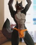  4:5 abs absurd_res anthro black_body black_fur canid canine canis clothed clothing digital_media_(artwork) fur grey_body grey_fur hazakyaracely hi_res male mammal open_mouth smile solo standing teeth tongue wolf 