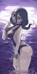  1girl alternate_costume ass bags_under_eyes black_eyes black_hair breasts cleavage commentary earrings english_commentary hair_between_eyes hex_maniac_(pokemon_legends:_z-a) highres jewelry large_breasts long_hair looking_at_viewer pokemon pokemon_legends:_z-a solo swimsuit wanderjegson water wet 