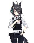  132109chisato 1girl absurdres ahoge alternate_hair_length alternate_hairstyle ammunition_pouch animal_ears belt black_belt black_hair black_necktie black_pants black_vest bulletproof_vest closed_mouth collared_shirt cup disposable_cup ear_tag earrings eyes_visible_through_hair grey_hair gun hair_between_eyes hand_on_own_hip hand_up handgun highres holding holding_cup holster horse_ears horse_girl horse_tail jewelry long_bangs long_hair long_hair_between_eyes long_sleeves magazine_(weapon) manhattan_cafe_(umamusume) medium_hair multicolored_hair necktie pants police police_uniform policewoman pouch shirt shirt_tucked_in simple_background single_earring sleeves_rolled_up smile solo tail umamusume vest watch weapon white_background white_shirt yellow_eyes 