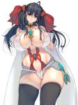  1girl bare_shoulders black_hair black_legwear braid breasts brown_eyes choker cleavage commentary_request curvy earrings heart highres huge_breasts jewelry large_breasts long_hair looking_at_viewer masao navel original see-through simple_background skindentation solo thick_thighs thighhighs thighs white_background wide_hips 