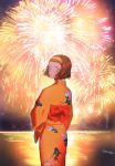  1girl animal_print back_bow blue_eyes blush bow brown_hair czech_gana fireworks fish_print from_behind hairband japanese_clothes kimono looking_at_viewer looking_back meitantei_conan obi open_mouth orange_bow orange_kimono print_kimono sash shiny shiny_hair short_hair solo standing suzuki_sonoko yellow_hairband 