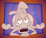 abstract_background all_fours alternate_version_at_paywall anthro bored butt casual_nudity clasped_hands confusion digital_drawing_(artwork) digital_media_(artwork) fur gavanzude glistening glistening_butt half-closed_eyes hi_res macropod male mammal marsupial narrowed_eyes nickelodeon raised_tail rocko&#039;s_modern_life rocko_rama signature solo tail tan_body tan_fur wallaby