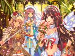  3girls arch_bishop_(ragnarok_online) armor ascot bikini black_hat blonde_hair blue_dress blue_eyes bouquet bow breasts brown_coat brown_eyes brown_hair choker cleavage cleavage_cutout closed_mouth clothing_cutout coat commentary_request cowboy_shot cross dress feather_trim feathered_wings fishnet_thighhighs fishnets flower frilled_choker frilled_hairband frills hair_bow hairband hat hat_flower hat_ornament holding holding_bouquet holding_sword holding_weapon large_breasts leaf_hat_ornament long_hair looking_at_viewer medium_breasts mini_hat mini_top_hat multiple_girls navel nyx_(shell_grotto) open_mouth pauldrons pink_flower pink_hair prototype_design ragnarok_online red_bow red_choker red_flower red_hairband red_skirt rune_knight_(ragnarok_online) shoulder_armor skirt smile swimsuit sword tam_(ragnarok_online) thighhighs top_hat two-tone_dress wanderer_(ragnarok_online) weapon white_bikini white_dress white_hat white_thighhighs white_wings wings yellow_ascot 