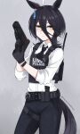  1girl ahoge alternate_hair_length alternate_hairstyle animal_ears belt black_belt black_hair black_necktie black_pants black_vest blush bulletproof_vest closed_mouth collared_shirt ear_tag earrings embarrassed grey_background gun hair_between_eyes handgun hands_up highres holding holding_gun holding_magazine_(weapon) holding_weapon holster horse_ears horse_girl horse_tail ibuki_grunt jewelry light_frown long_hair_between_eyes loose_necktie magazine_(weapon) manhattan_cafe_(umamusume) medium_hair multicolored_hair necktie pants police police_uniform radio_antenna shirt shirt_tucked_in simple_background single_earring solo tail thigh_holster twitter_username umamusume vest walkie-talkie weapon white_hair white_shirt wolf_cut yellow_eyes 