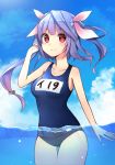  1girl blue_hair blue_sky blue_swimsuit breasts cloud cowboy_shot day hair_ribbon highres i-19_(kantai_collection) kantai_collection katsuobushi_(eba_games) long_hair looking_at_viewer medium_breasts name_tag one-piece_swimsuit outdoors red_eyes ribbon school_swimsuit sky solo star star-shaped_pupils swimsuit symbol-shaped_pupils thigh_gap tri_tails twintails water 