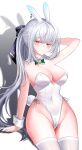  1girl absurdres animal_ears arm_behind_head arm_support arm_up bare_shoulders blue_streaks blush bow bowtie breasts cleavage collarbone colored_eyelashes commentary covered_navel detached_collar english_commentary fake_tail gold_trim green_bow green_bowtie groin hair_between_eyes hair_bow highres large_breasts len_(maplestory) leotard long_hair looking_at_viewer maplestory multicolored_hair playboy_bunny ponytail rabbit_ears rabbit_tail red_eyes side-tie_leotard sidelocks simple_background sitting solo strapless strapless_leotard streaked_hair tail thighhighs thighs unha very_long_hair white_background white_eyelashes white_hair white_leotard white_thighhighs white_wrist_cuffs wrist_cuffs 