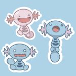  &gt;_&lt; :o alternate_color animal_focus asano_sora_(kabonegames) blue_background closed_eyes commentary_request full_body happy no_humans open_mouth outline pokemon pokemon_(creature) shiny_and_normal shiny_pokemon simple_background sitting smile standing wavy_mouth white_eyes white_outline wooper 