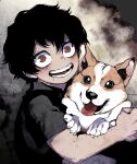  1boy aged_down animal animal_hug bags_under_eyes black_hair black_shirt boku_no_hero_academia child collared_shirt commentary_request dog from_side grey_background grin hair_between_eyes hatching_(texture) holding holding_animal holding_dog looking_at_viewer male_focus mankintan messy_hair mole mole_under_mouth mon_(boku_no_hero_academia) open_mouth red_eyes shigaraki_tomura shirt short_hair short_sleeves smile teeth tongue tongue_out upper_body welsh_corgi 