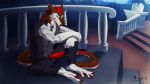  16:9 5_fingers absurd_res brown_body brown_fur clothed clothing detailed_background digital_media_(artwork) fingers fur hazakyaracely hi_res knot male sergal sitting solo toes white_body white_fur 