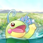  black_eyes blue_sky commentary_request creature day gen_1_pokemon gen_2_pokemon grass looking_up no_humans ohdon outdoors pokemon pokemon_(creature) politoed poliwag red_eyes river signature sky 