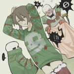  !? ... 1other 2boys arms_up black_panties blanket blush brothers brown_hair christmas_sweater closed_eyes flying_sweatdrops frisk_(undertale) gloves green_sweater hair_between_eyes hand_on_own_head highres holding holding_blanket minominoks multiple_boys panties papyrus_(undertale) red_gloves red_thighhighs sans_(undertale) short_hair siblings simple_background skeleton spoken_ellipsis spoken_interrobang sweat sweater thighhighs undertale underwear yellow_eyes 