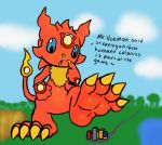  blue_eyes city claws coronamon digimon digimon_(species) dimentiodestoryer english_text feet fire_on_tail hi_res long_tail macro male mammal orange_body stomping text toe_claws tuft yellow_claws 