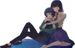  1boy 1girl belt black_hair blue_eyes blue_hair breasts closed_eyes couple fa_yuiry gundam hetero hug hug_from_behind kamille_bidan kasumi_(skchkko) medium_hair open_mouth pants science_fiction shirt short_hair sitting skirt sleeveless smile zeta_gundam 
