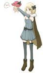  1girl alchemist_(ragnarok_online) blonde_hair blue_dress blue_gloves blue_thighhighs blush boots bow breasts brown_boots brown_cape cape closed_mouth commentary_request creature dress elbow_gloves fingerless_gloves full_body fur_collar garter_straps gloves grey_bow hair_bow holding holding_creature lowres mimi_(caramel-candy) mushroom ragnarok_online short_dress short_hair simple_background small_breasts smile solo spore_(ragnarok_online) standing strapless strapless_dress thighhighs white_background 