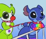 alien anthro bdsm canid canine canis clothing clown collar disney domestic_dog duo elastico experiment_(lilo_and_stitch) footwear hi_res hybrid leash legwear lilo_and_stitch male male/male mammal multicolored_clothing multicolored_footwear multicolored_socks petplay railing rainbow_clothing rainbow_footwear rainbow_socks roleplay sleepyly socks stitch_(lilo_and_stitch) stockings
