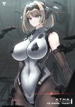  1girl absurdres blue_eyes bodysuit breasts brown_hair character_name closed_mouth covered_navel cowboy_shot elbow_gloves giant giantess gloves grey_eyes headgear highres impossible_bodysuit impossible_clothes large_breasts leotard mecha_musume medium_hair original pantyhose sherman_(egnk2525) short_hair skin_tight solo standing 
