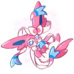 1:1 2025 ambiguous_gender astella1204 blue_eyes blush blush_lines covering covering_crotch eeveelution feral fur generation_6_pokemon heart_background heart_symbol looking_away nintendo open_mouth paws pink_body pink_fur pokemon pokemon_(species) ribbons_(anatomy) signature simple_background solo spread_legs spreading sylveon tail white_body