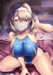  1girl barefoot bed bed_sheet blue_eyes blue_one-piece_swimsuit breasts brown_hair competition_swimsuit covered_nipples dutch_angle hair_ornament hairband hairclip hashtag-only_commentary hassen_(8cm) highres kneeling large_breasts looking_at_viewer mask medium_breasts mouth_mask multicolored_swimsuit on_one_knee one-piece_swimsuit original petals playing_with_own_hair shiny_clothes shiny_skin solo sweat swimsuit very_sweaty white_hairband 