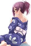  1girl barefoot blue_kimono brown_eyes commentary_request from_behind hagikaze_(kancolle) hagikaze_(yukata)_(kancolle) japanese_clothes kantai_collection kimono kimono_partially_removed leaf_print long_hair official_alternate_costume official_alternate_hairstyle one-hour_drawing_challenge ponytail profile purple_hair ray.s simple_background sitting solo white_background yokozuwari yukata 