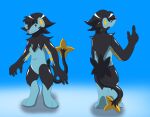 2015 anthro biped black_body black_fur black_hair black_markings blue_background blue_body colored digitigrade featureless_crotch fingers fur generation_4_pokemon glistening glistening_body hair hi_res john_(swack16) luxray male markings multiple_angles nintendo nude paws pokemon pokemon_(species) simple_background smile snout solo standing tail wolferion yellow_markings