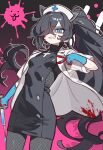  1girl absurdres animal_ears black_dress blood blood_on_clothes blood_on_face blue_eyes breasts cat_ears coat dress ebora english_commentary extra_ears fishnet_pantyhose fishnets gloves grin hair_over_one_eye hat highres holding holding_syringe kasli_(nyanko_daisensou) lab_coat long_hair nurse_cap nyanko_daisensou open_clothes open_coat pale_skin pantyhose pink_background ponytail rubber_gloves shaded_face short_dress short_sleeves small_breasts smile solo syringe v very_long_hair 