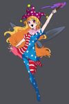  1girl absurdres american_flag american_flag_dress american_flag_legwear arm_up blonde_hair clownpiece commentary_request dress fairy_wings fire full_body grey_background grey_wings hat highres holding holding_torch jester_cap long_hair looking_at_viewer morinopome2 neck_ruff no_shoes open_mouth pantyhose polka_dot_hat purple_fire purple_hat simple_background smile solo star_(symbol) star_print striped_clothes striped_dress striped_pantyhose torch touhou very_long_hair wings 