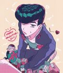  2boys anchor_ornament anchor_symbol black_hair blue_jacket box candy chibi chocolate diamond_wa_kudakenai drawn_heart drawn_star english_text film_grain food gakuran gift gift_bag green_eyes green_shirt grey_hair halftone happy_valentine heart heart-shaped_box heart-shaped_chocolate heart-shaped_food heart_ornament higashikata_josuke highres jacket jojo_no_kimyou_na_bouken looking_at_viewer multicolored_eyes multicolored_hair multiple_boys nijimura_okuyasu peace_symbol pompadour red_eyes school_uniform shirt short_hair solo_focus star_(symbol) sweatdrop t_0nd two-tone_eyes two-tone_hair valentine yellow_background 