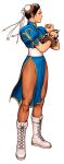  1girl absurdres boots bracelet breasts brown_eyes brown_hair bun_cover capcom_vs_snk_2 china_dress chinese_clothes chun-li double_bun dress earrings game_cg hair_bun highres jewelry looking_to_the_side mori_toshiaki non-web_source official_art pantyhose pelvic_curtain short_hair solo spiked_bracelet spikes street_fighter studded_bracelet thick_thighs thighs unitard white_boots 