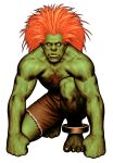  1boy absurdres arm_hair blanka capcom capcom_vs_snk_2 chest_hair clenched_hands colored_skin game_cg green_skin hands_on_ground highres looking_at_viewer male_focus mori_toshiaki muscular muscular_male no_pupils non-web_source official_art on_one_knee orange_hair outstretched_arms solo street_fighter third-party_source topless_male torn_clothes veins veiny_arms white_background 
