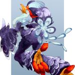  beak blue_background blue_eyes blue_feathers feather_hair feathers from_side highres no_humans nyala_(nyala_766) open_mouth pokemon pokemon_(creature) pokemon_focus purple_feathers quaquaval simple_background talons two-tone_background white_background winged_arms wings 