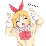  1girl ^_^ annaka_haruna blonde_hair blush bow closed_eyes commentary_request facing_viewer hair_bow highres long_sleeves nichijou open_mouth rabbit_pose red_bow sailor_collar school_uniform short_hair simple_background solo tokisadame_school_uniform upper_body white_background white_sailor_collar yachima_tana 