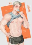  1boy absurdres alternate_costume blonde_hair blush bulge clothes_lift collarbone commentary cowboy dungeon_meshi food food_in_mouth hand_on_own_hip highres hot laios_touden lifting_own_clothes looking_at_viewer male_focus melting_popsicle mouth_hold navel nipples plump popsicle popsicle_in_mouth shiny_skin shirt_lift short_hair short_shorts shorts simple_background snowsalmon0x0 solo tank_top twitter_username 